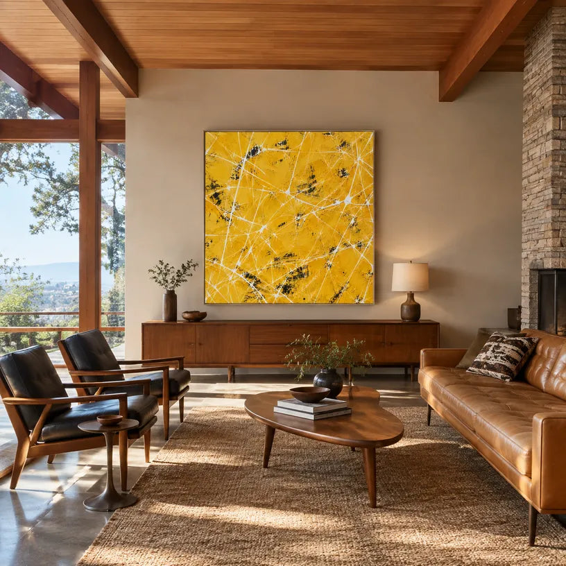 Abstract Expressionist abstract oil painting showing sunny yellow texture with layered linear marks in a yellow palette, contemporary wall art.