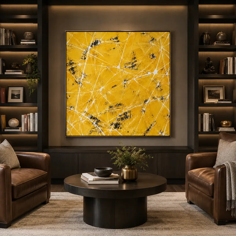 Abstract Expressionist abstract oil painting showing sunny yellow texture with layered linear marks in a yellow palette, contemporary wall art.