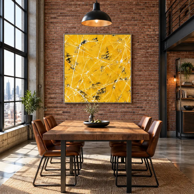 Abstract Expressionist abstract oil painting showing sunny yellow texture with layered linear marks in a yellow palette, contemporary wall art.