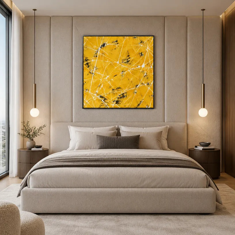 Abstract Expressionist abstract oil painting showing sunny yellow texture with layered linear marks in a yellow palette, contemporary wall art.
