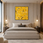 Abstract Expressionist abstract oil painting showing sunny yellow texture with layered linear marks in a yellow palette, contemporary wall art.