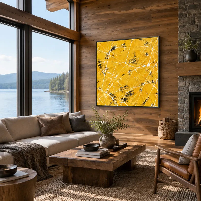 Abstract Expressionist abstract oil painting showing sunny yellow texture with layered linear marks in a yellow palette, contemporary wall art.