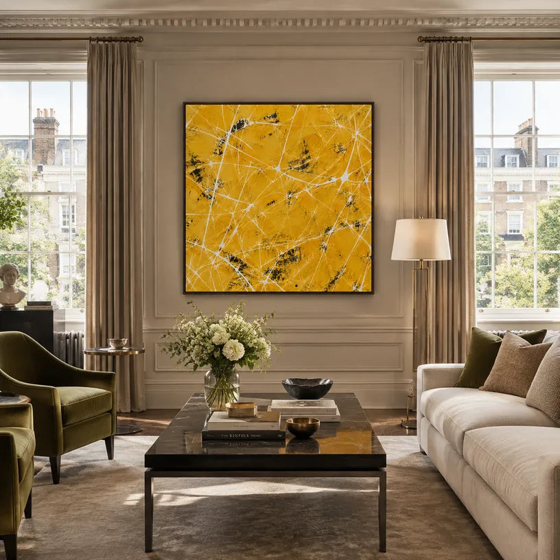 Abstract Expressionist abstract oil painting showing sunny yellow texture with layered linear marks in a yellow palette, contemporary wall art.