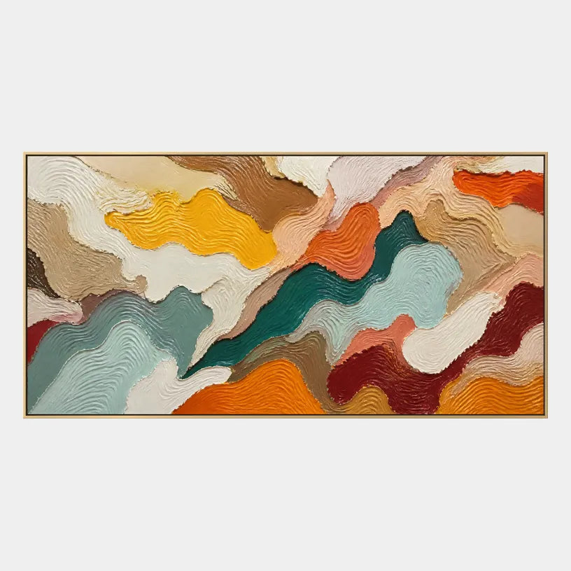 Abstract Expressionist abstract oil painting showing layered organic bands in earth, cream and muted color in a brown palette, contemporary wall art.