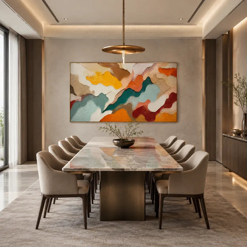 Abstract Expressionist abstract oil painting showing layered organic bands in earth, cream and muted color in a brown palette, contemporary wall art.