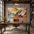 Abstract Expressionist abstract oil painting showing layered organic bands in earth, cream and muted color in a brown palette, contemporary wall art.