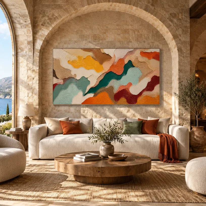 Abstract Expressionist abstract oil painting showing layered organic bands in earth, cream and muted color in a brown palette, contemporary wall art.