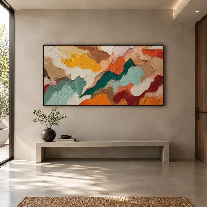 Abstract Expressionist abstract oil painting showing layered organic bands in earth, cream and muted color in a brown palette, contemporary wall art.