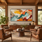 Abstract Expressionist abstract oil painting showing layered organic bands in earth, cream and muted color in a brown palette, contemporary wall art.