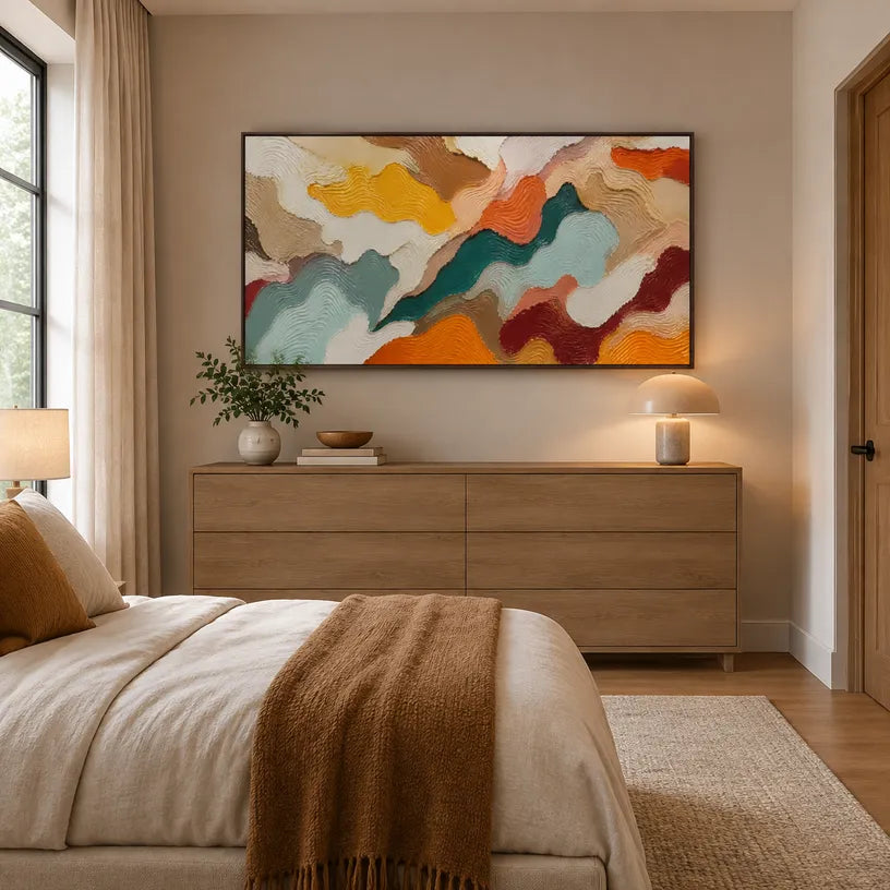 Abstract Expressionist abstract oil painting showing layered organic bands in earth, cream and muted color in a brown palette, contemporary wall art.