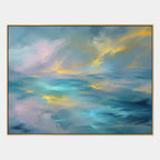 Abstract Expressionist abstract oil painting showing layered abstract marks, texture and expressive painterly movement in a blue palette.