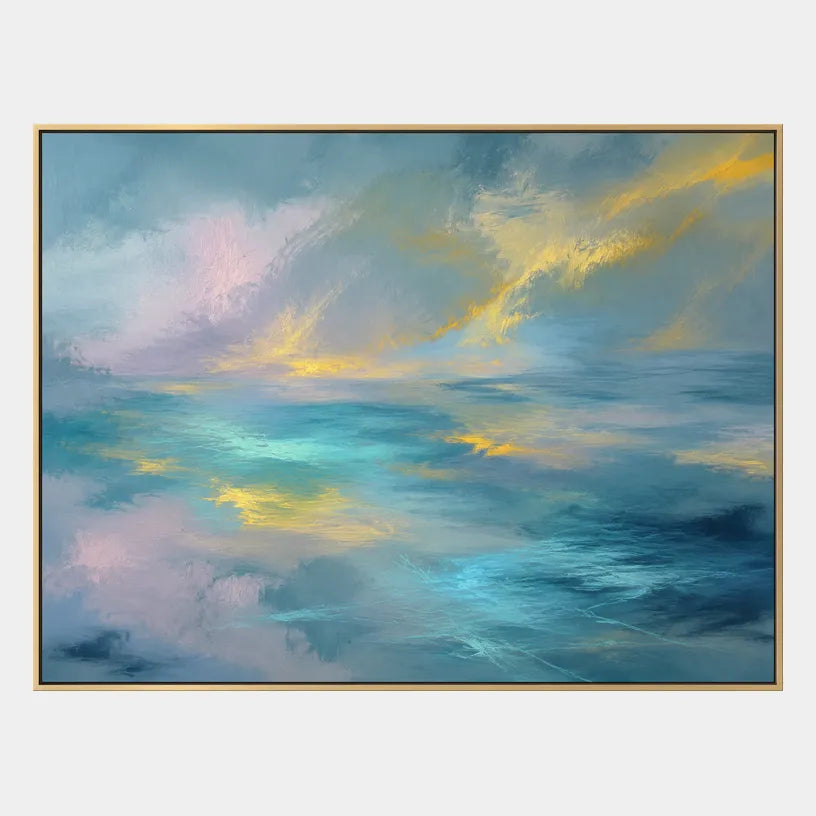 Abstract Expressionist abstract oil painting showing layered abstract marks, texture and expressive painterly movement in a blue palette.