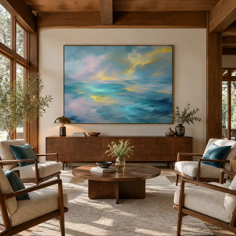 Abstract Expressionist abstract oil painting showing layered abstract marks, texture and expressive painterly movement in a blue palette.