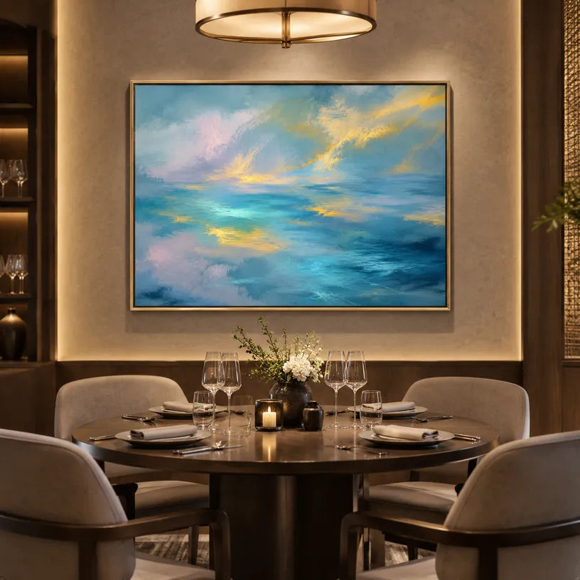 Abstract Expressionist abstract oil painting showing layered abstract marks, texture and expressive painterly movement in a blue palette.