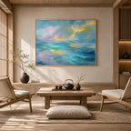 Abstract Expressionist abstract oil painting showing layered abstract marks, texture and expressive painterly movement in a blue palette.