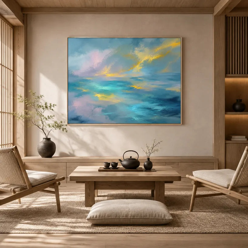 Abstract Expressionist abstract oil painting showing layered abstract marks, texture and expressive painterly movement in a blue palette.