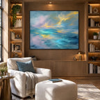 Abstract Expressionist abstract oil painting showing layered abstract marks, texture and expressive painterly movement in a blue palette.