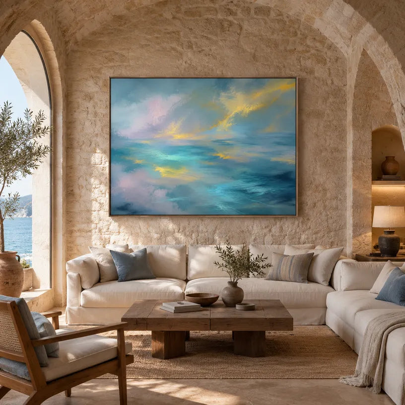 Abstract Expressionist abstract oil painting showing layered abstract marks, texture and expressive painterly movement in a blue palette.