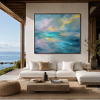 Abstract Expressionist abstract oil painting showing layered abstract marks, texture and expressive painterly movement in a blue palette.