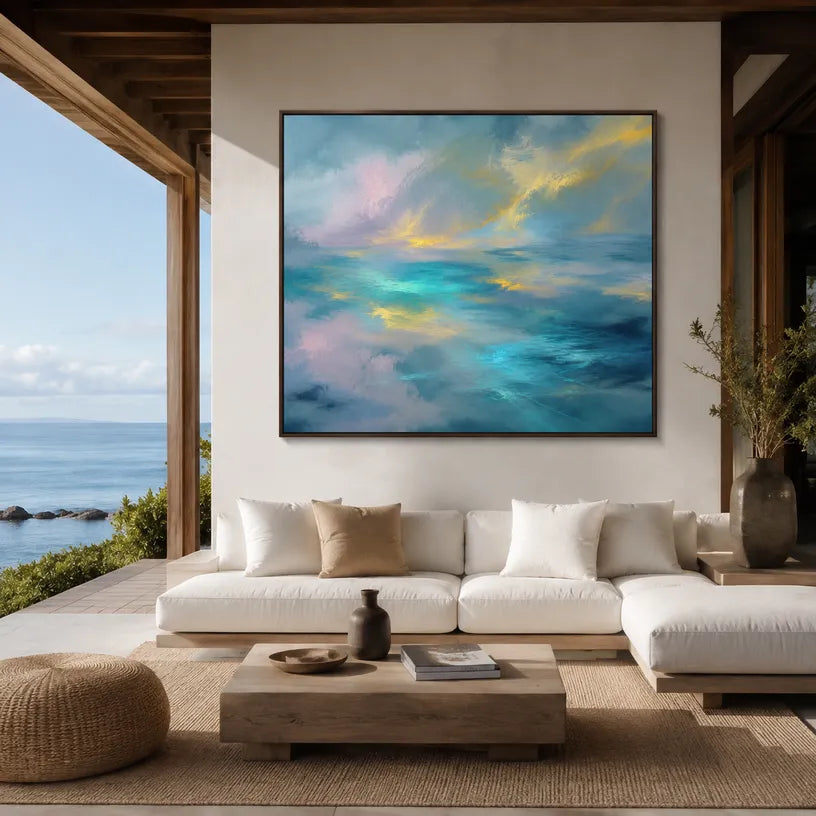 Abstract Expressionist abstract oil painting showing layered abstract marks, texture and expressive painterly movement in a blue palette.