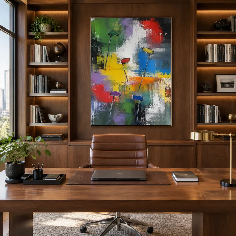 Abstract Expressionist abstract oil painting showing layered abstract marks, texture and expressive painterly movement.