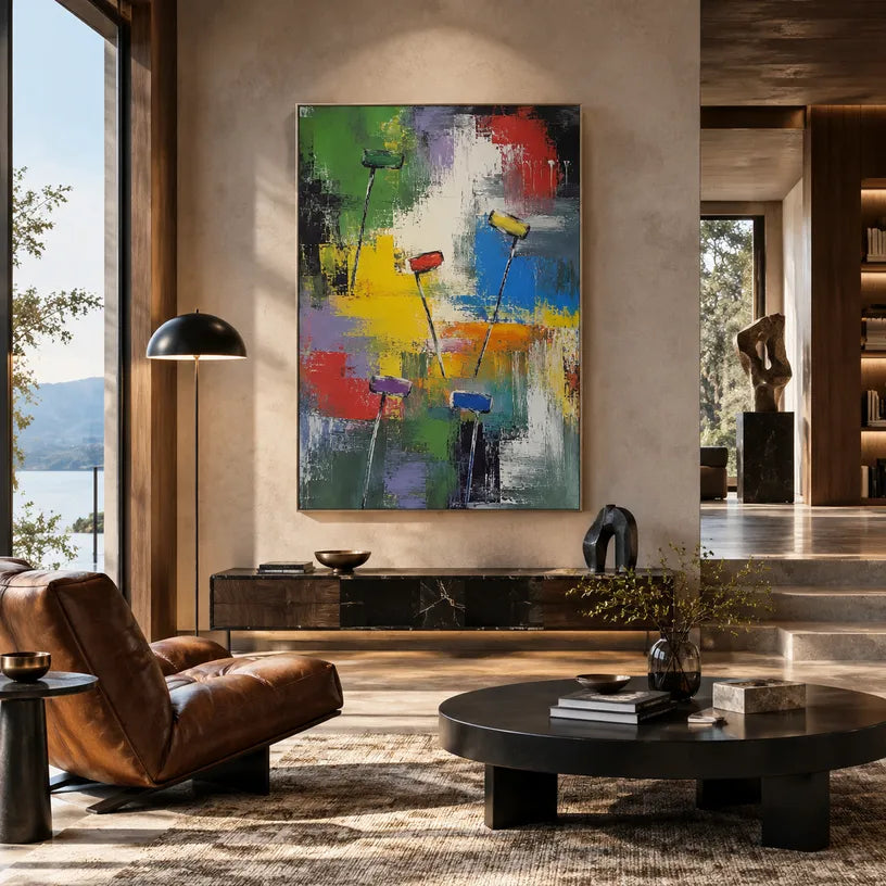 Abstract Expressionist abstract oil painting showing layered abstract marks, texture and expressive painterly movement.