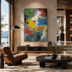 Abstract Expressionist abstract oil painting showing layered abstract marks, texture and expressive painterly movement.