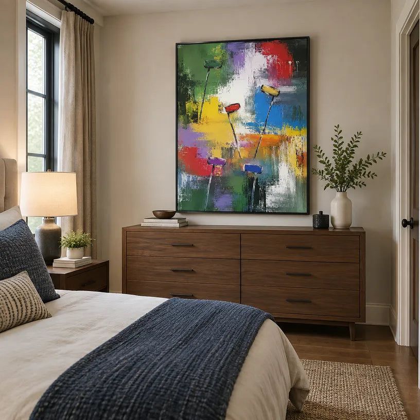 Abstract Expressionist abstract oil painting showing layered abstract marks, texture and expressive painterly movement.