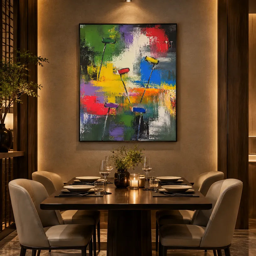 Abstract Expressionist abstract oil painting showing layered abstract marks, texture and expressive painterly movement.