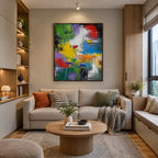 Abstract Expressionist abstract oil painting showing layered abstract marks, texture and expressive painterly movement.