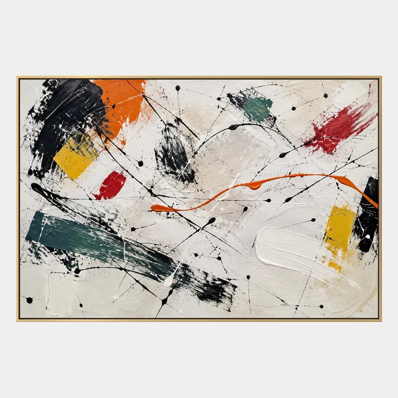 Abstract Expressionist abstract oil painting showing bold black brushwork with bright accent blocks, contemporary wall art.