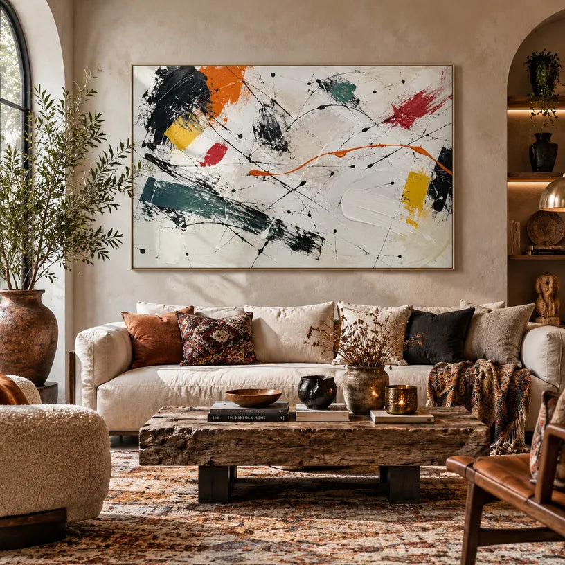 Abstract Expressionist abstract oil painting showing bold black brushwork with bright accent blocks, contemporary wall art.