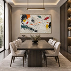 Abstract Expressionist abstract oil painting showing bold black brushwork with bright accent blocks, contemporary wall art.
