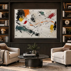 Abstract Expressionist abstract oil painting showing bold black brushwork with bright accent blocks, contemporary wall art.