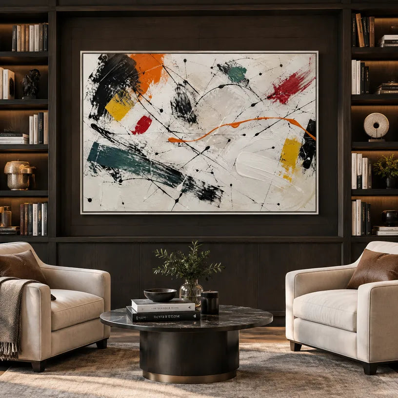 Abstract Expressionist abstract oil painting showing bold black brushwork with bright accent blocks, contemporary wall art.