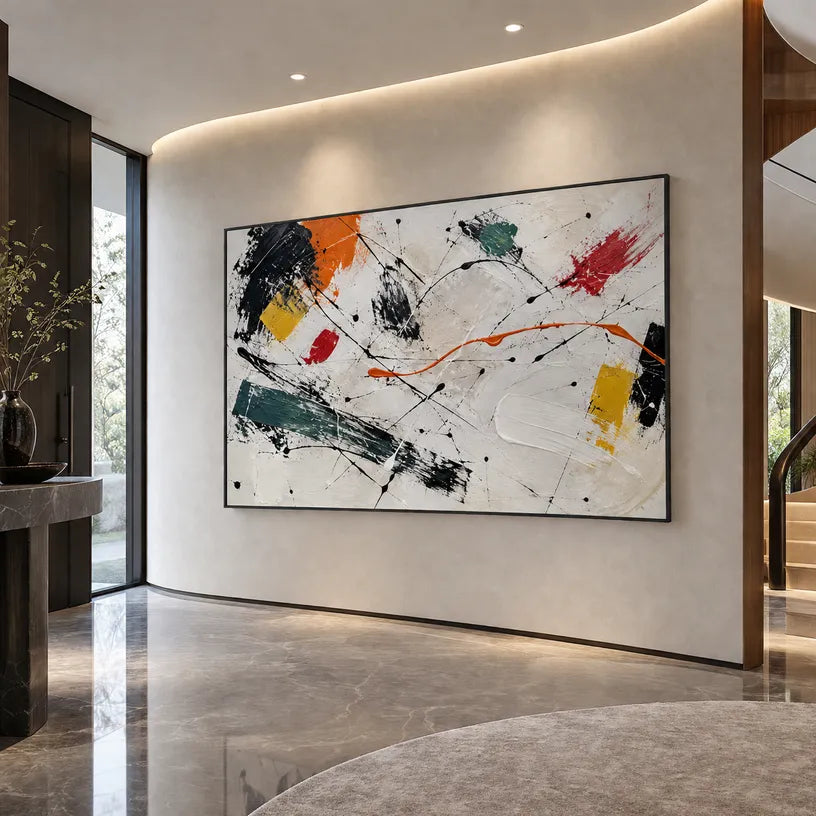 Abstract Expressionist abstract oil painting showing bold black brushwork with bright accent blocks, contemporary wall art.
