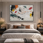 Abstract Expressionist abstract oil painting showing bold black brushwork with bright accent blocks, contemporary wall art.