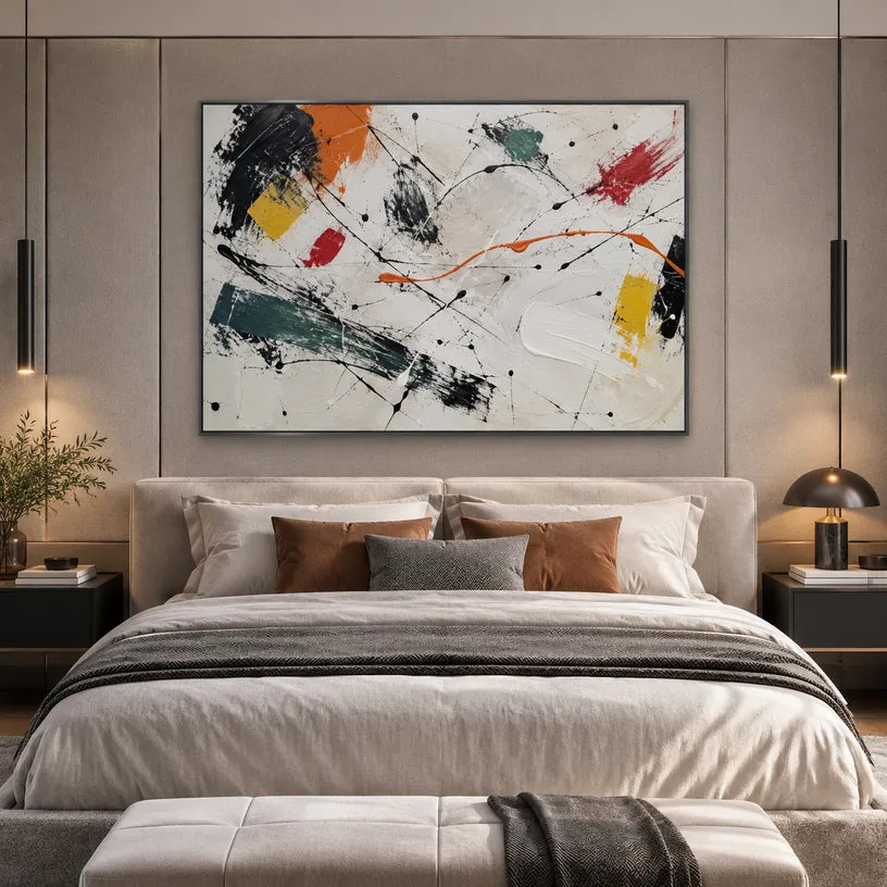Abstract Expressionist abstract oil painting showing bold black brushwork with bright accent blocks, contemporary wall art.