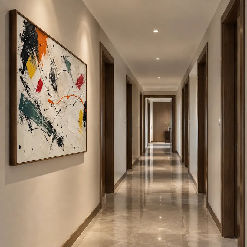 Abstract Expressionist abstract oil painting showing bold black brushwork with bright accent blocks, contemporary wall art.