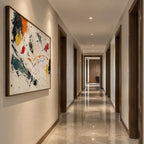 Abstract Expressionist abstract oil painting showing bold black brushwork with bright accent blocks, contemporary wall art.