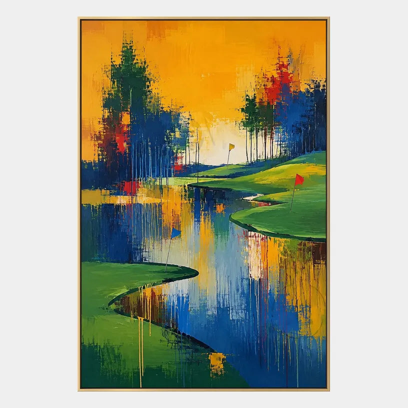 Abstract Expressionist landscapes & seascapes & cityscapes oil painting showing a painterly landscape with distant hills, trees or reflective water.