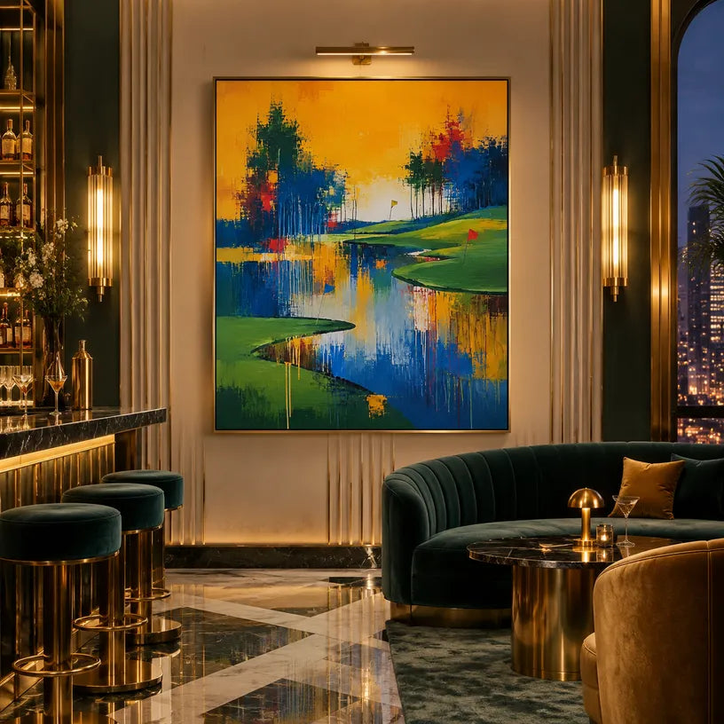 Abstract Expressionist landscapes & seascapes & cityscapes oil painting showing a painterly landscape with distant hills, trees or reflective water.