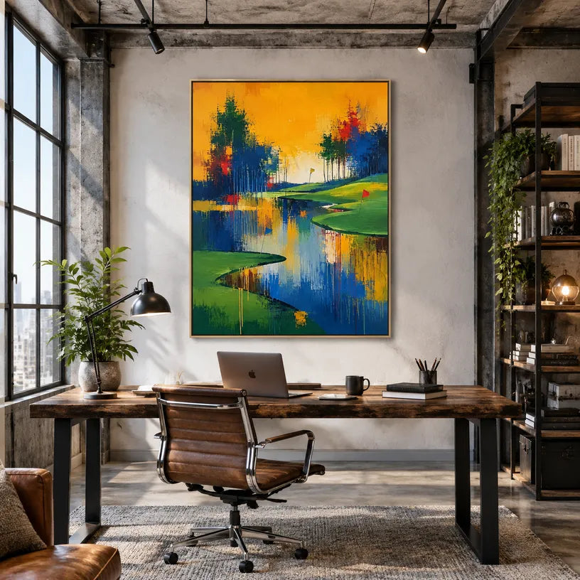 Abstract Expressionist landscapes & seascapes & cityscapes oil painting showing a painterly landscape with distant hills, trees or reflective water.