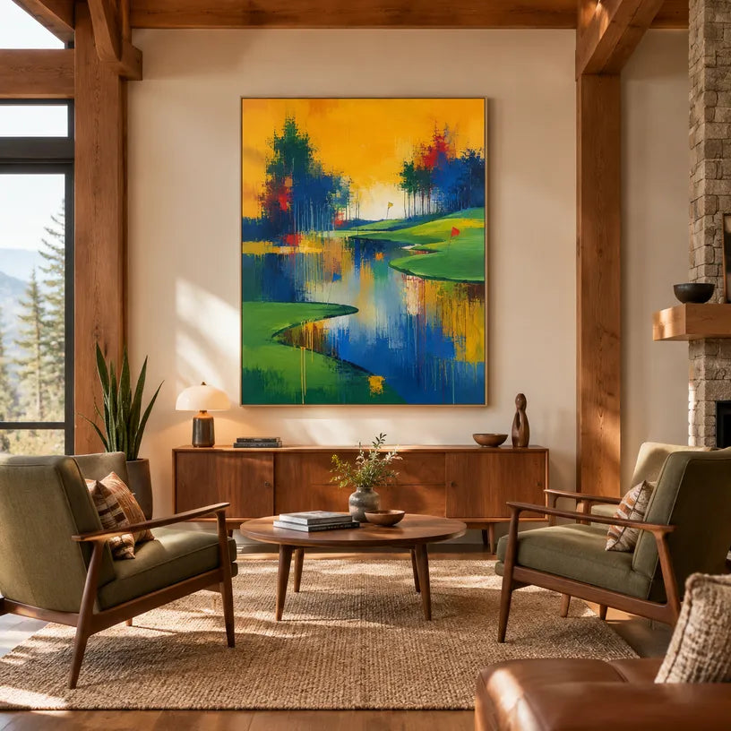 Abstract Expressionist landscapes & seascapes & cityscapes oil painting showing a painterly landscape with distant hills, trees or reflective water.
