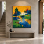 Abstract Expressionist landscapes & seascapes & cityscapes oil painting showing a painterly landscape with distant hills, trees or reflective water.