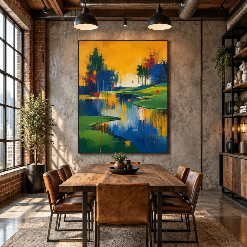 Abstract Expressionist landscapes & seascapes & cityscapes oil painting showing a painterly landscape with distant hills, trees or reflective water.