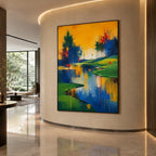 Abstract Expressionist landscapes & seascapes & cityscapes oil painting showing a painterly landscape with distant hills, trees or reflective water.