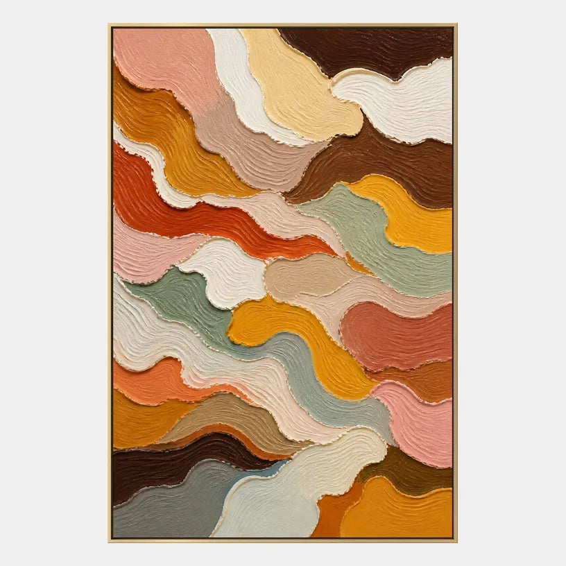 Abstract Expressionist abstract oil painting showing organic bands in warm earth tones in a brown palette, contemporary wall art.