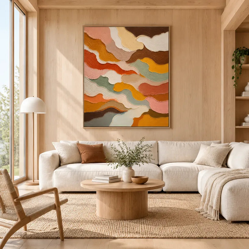 Abstract Expressionist abstract oil painting showing organic bands in warm earth tones in a brown palette, contemporary wall art.