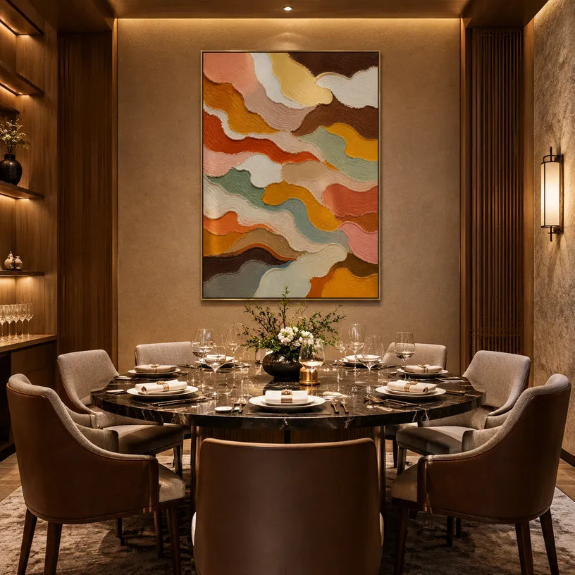 Abstract Expressionist abstract oil painting showing organic bands in warm earth tones in a brown palette, contemporary wall art.